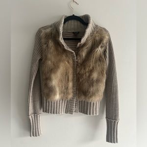 Club Monaco Camel Coloured Wool Faux Fur Knit Cardigan Size XS